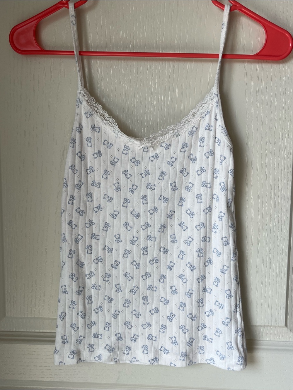 Brandy Melville Skylar Tank Top Blue Teddy Bear Print and Lace Trim.  Like new!
